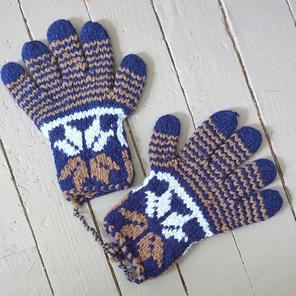 Hand-Knit Wool Blue and Brown Patterned Gloves Fishermancore - Picture 1 of 1
